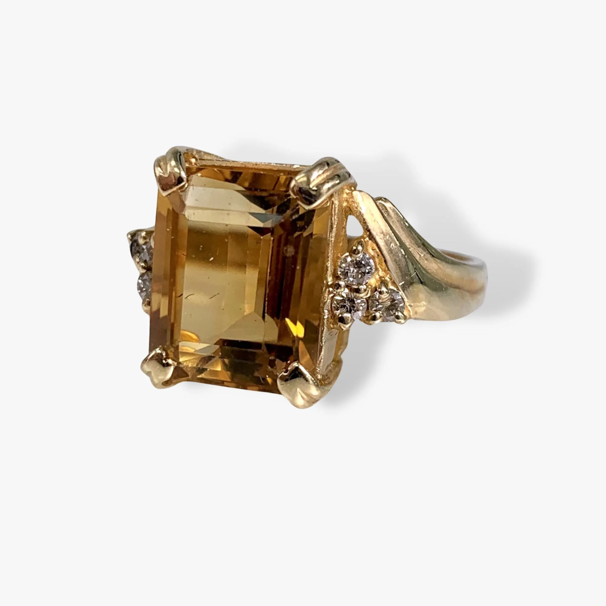 14k Yellow Gold Emerald Cut Citrine and Diamond Vintage Ring