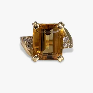 14k Yellow Gold Emerald Cut Citrine and Diamond Vintage Ring