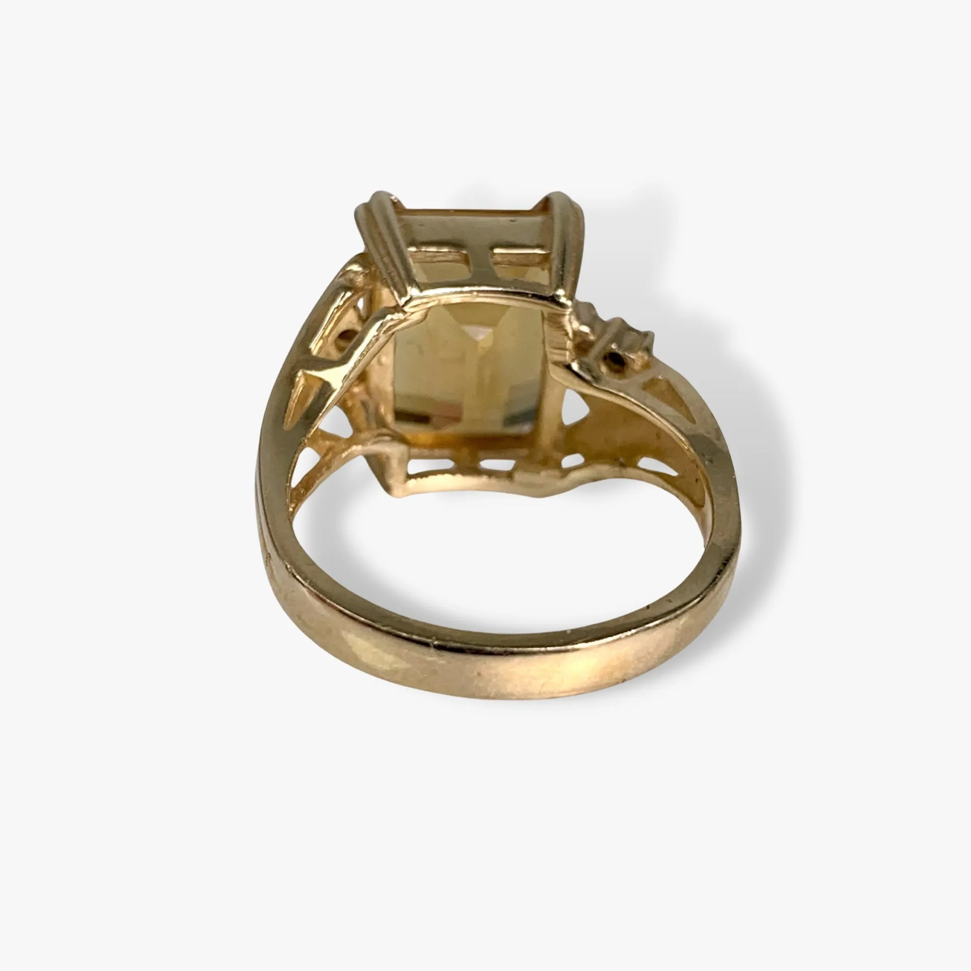 14k Yellow Gold Emerald Cut Citrine and Diamond Vintage Ring