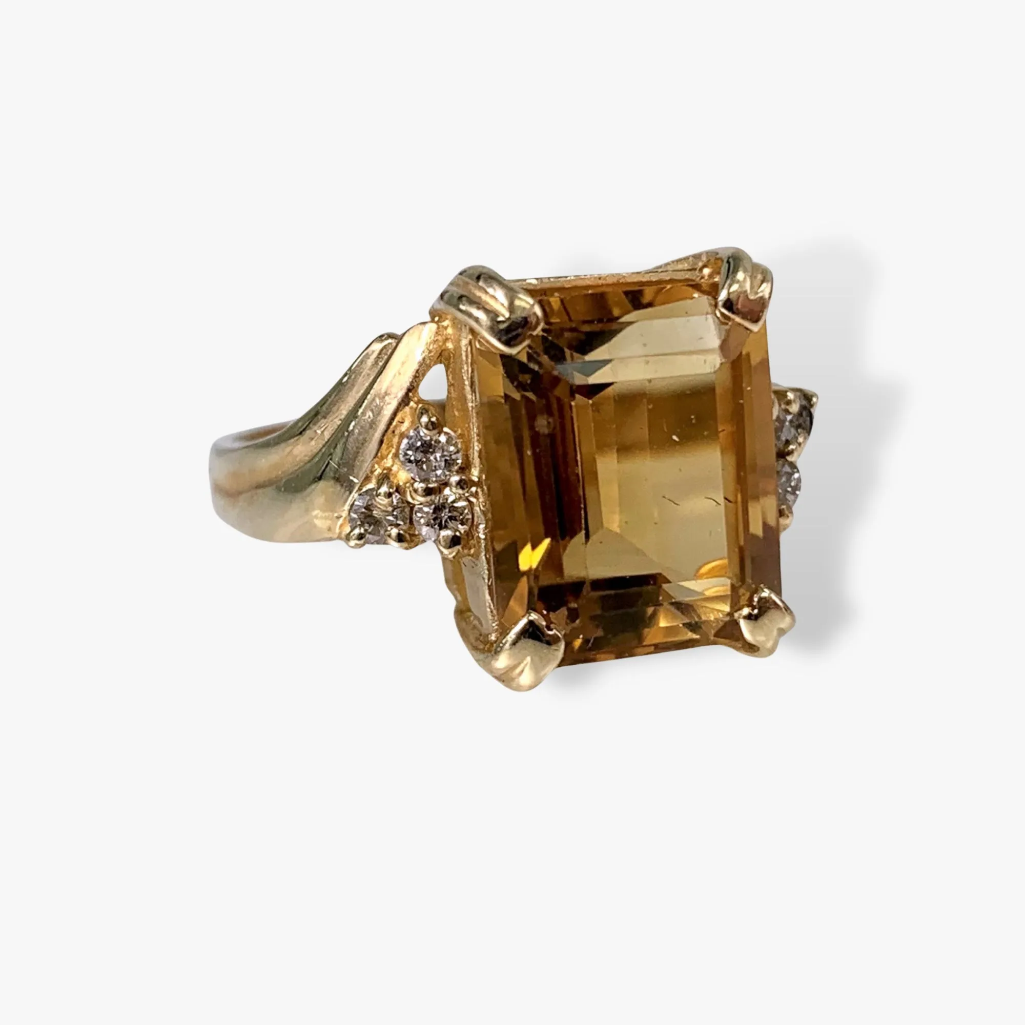 14k Yellow Gold Emerald Cut Citrine and Diamond Vintage Ring