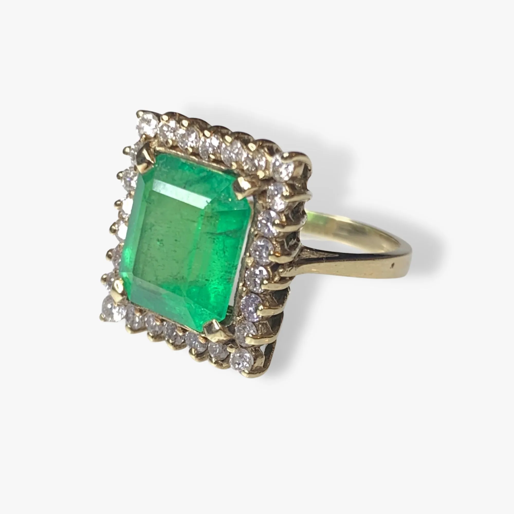 14k Yellow Gold Emerald Square Diamond Halo Ring