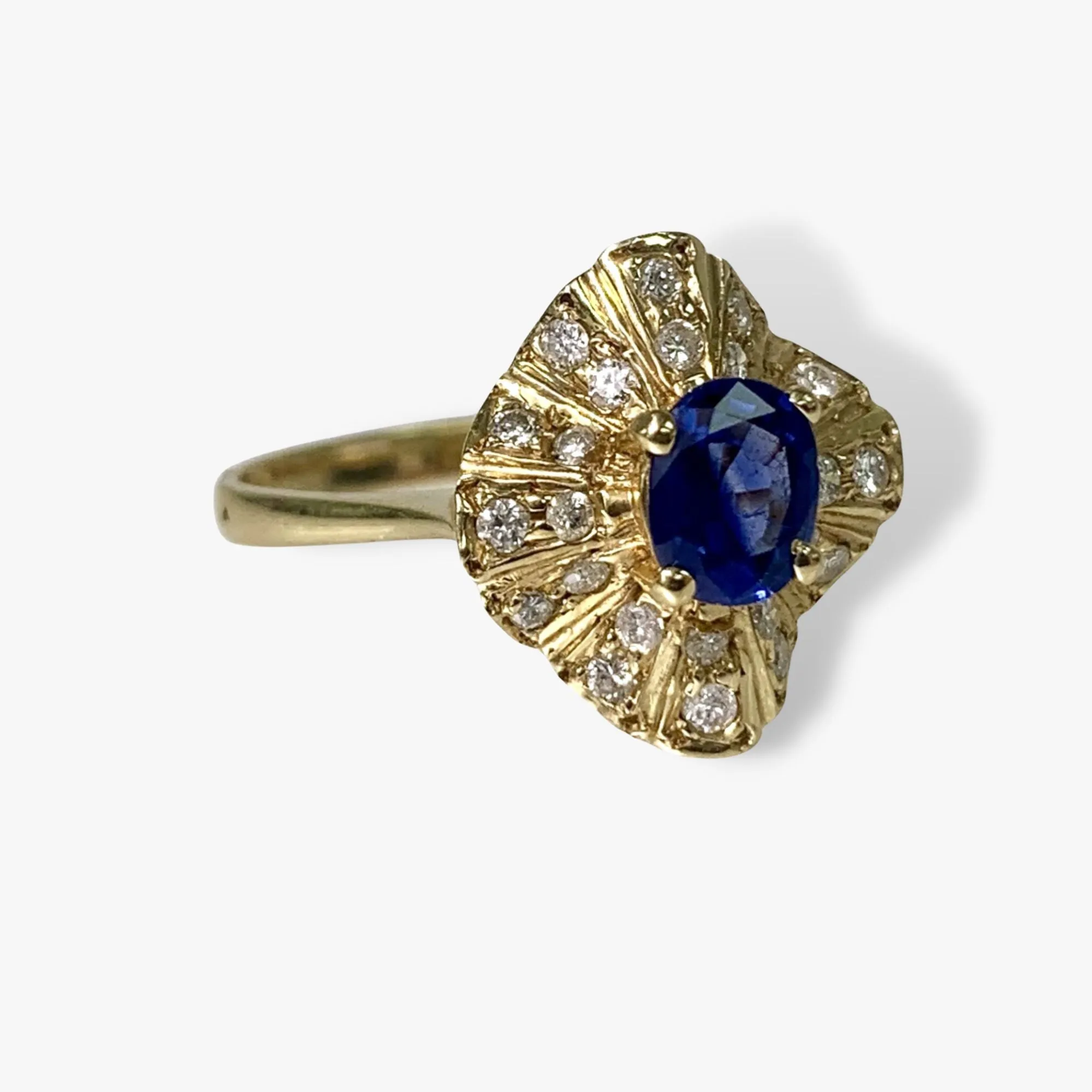 14k Yellow Gold Oval Cut Blue Sapphire Diamond Vintage Ring