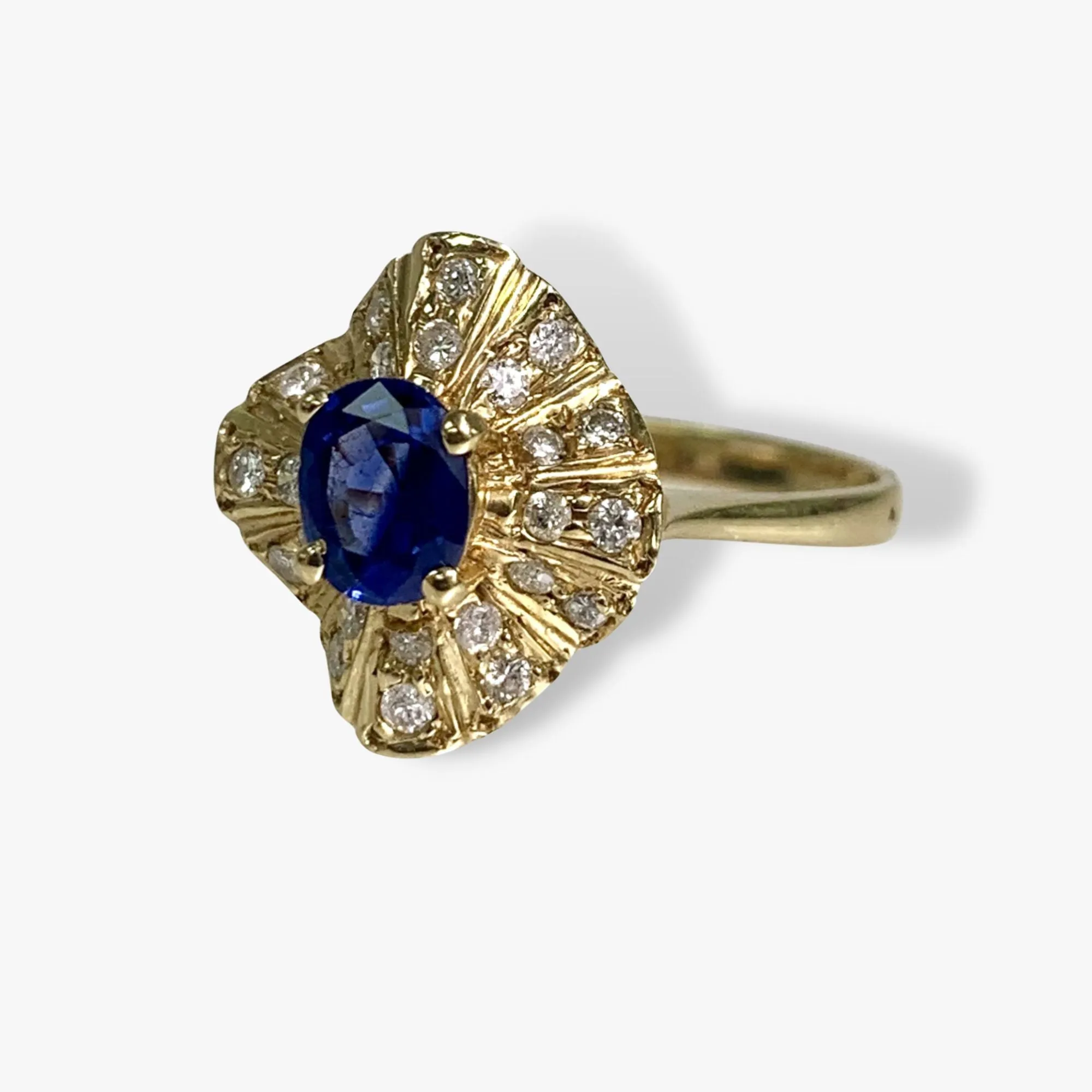 14k Yellow Gold Oval Cut Blue Sapphire Diamond Vintage Ring