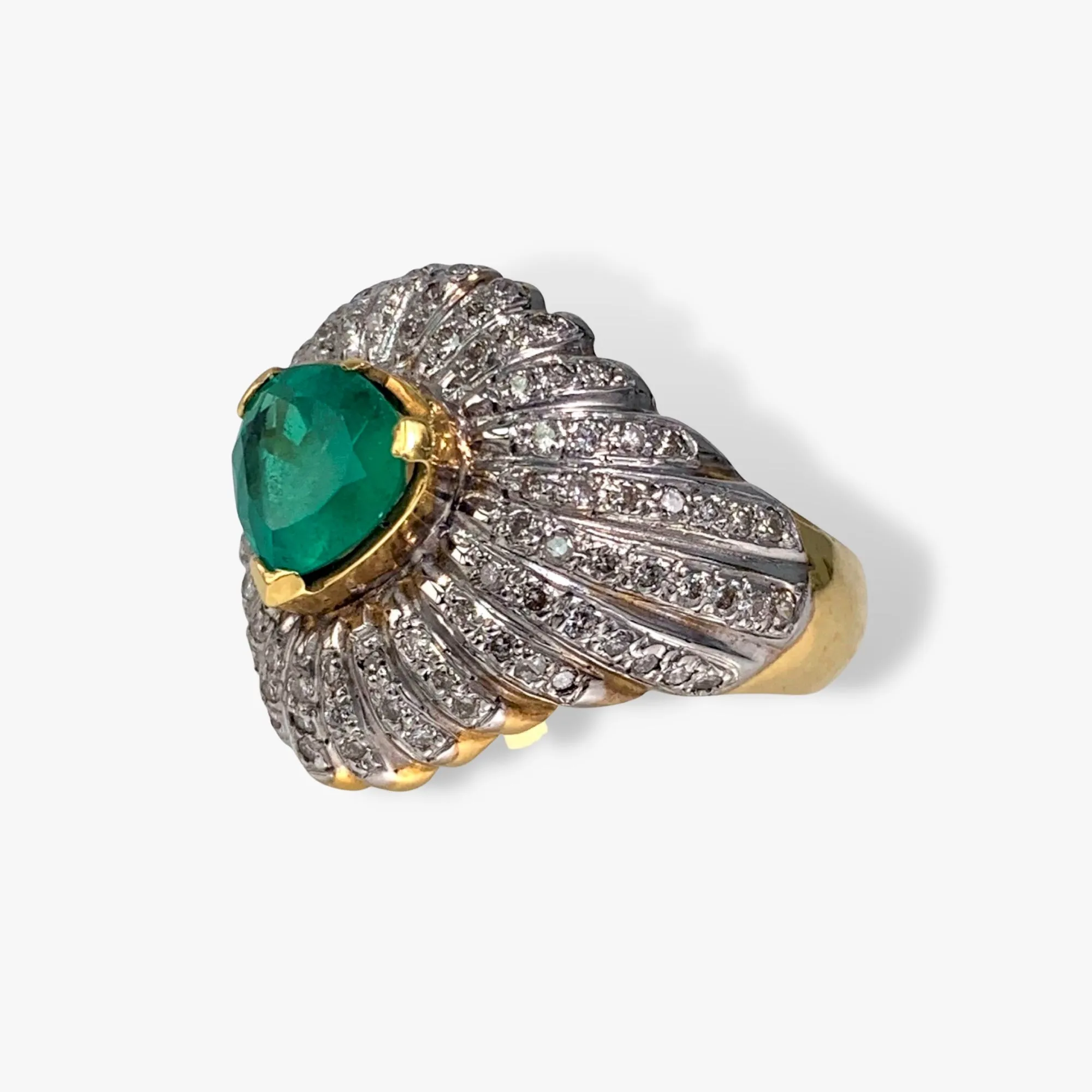 18k Yellow and White Gold Emerald and Diamond Vintage Cocktail Ring