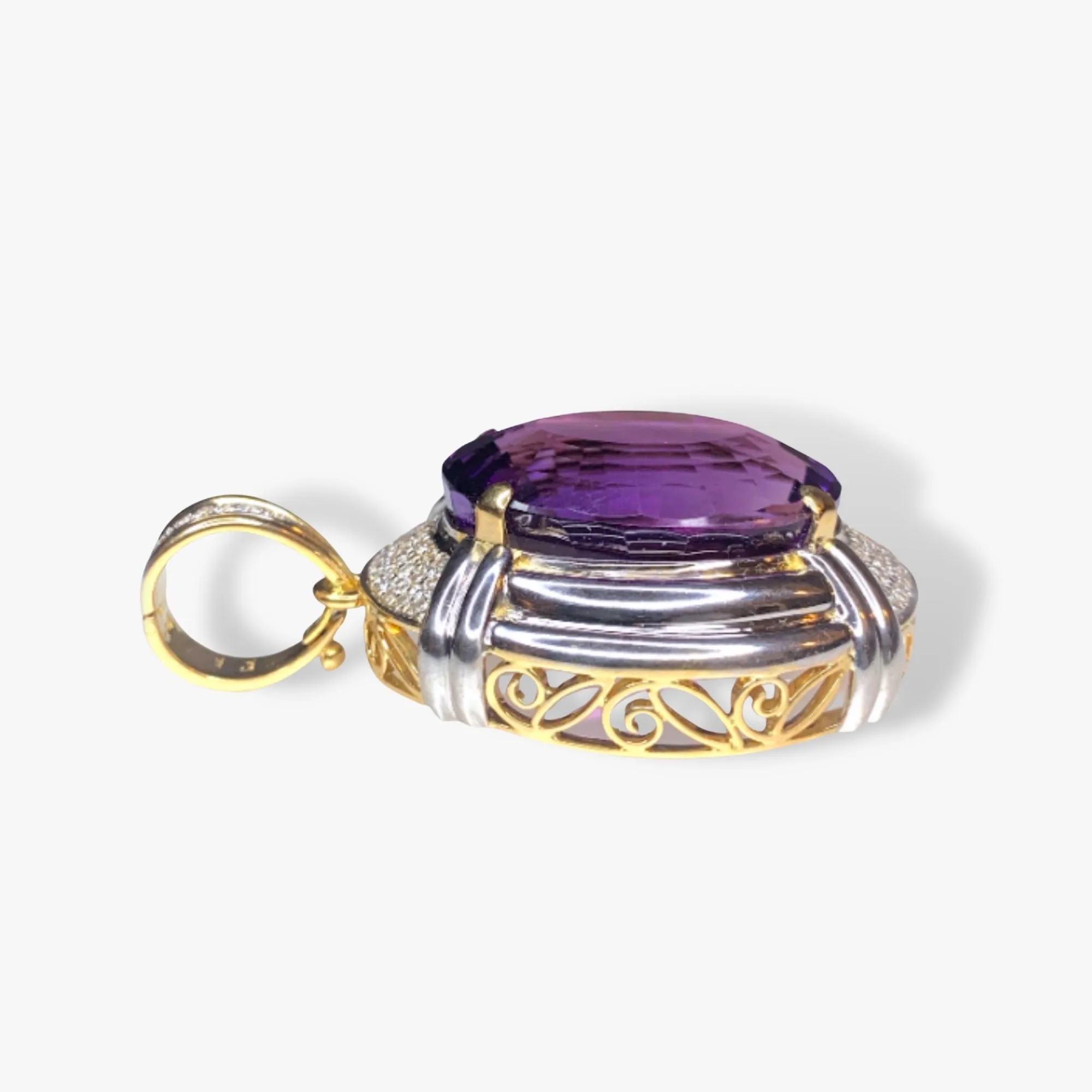 18k Yellow and White Gold Oval Amethyst Diamond Pendant