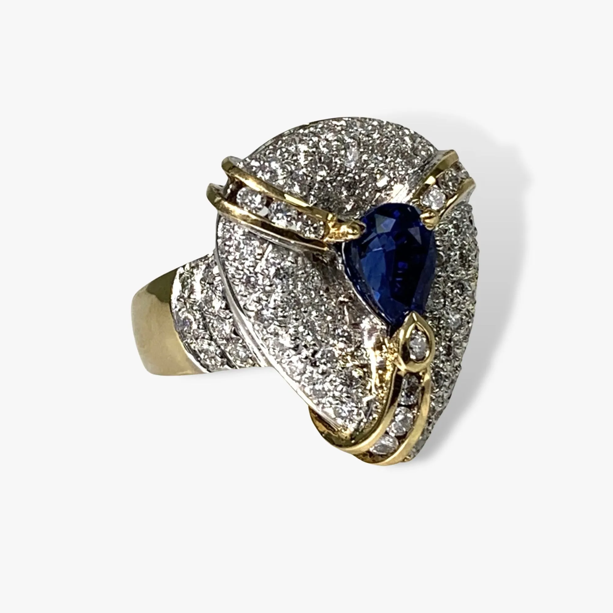 18k Yellow Gold Pear-Shaped Blue Sapphire and Diamond Vintage Ring