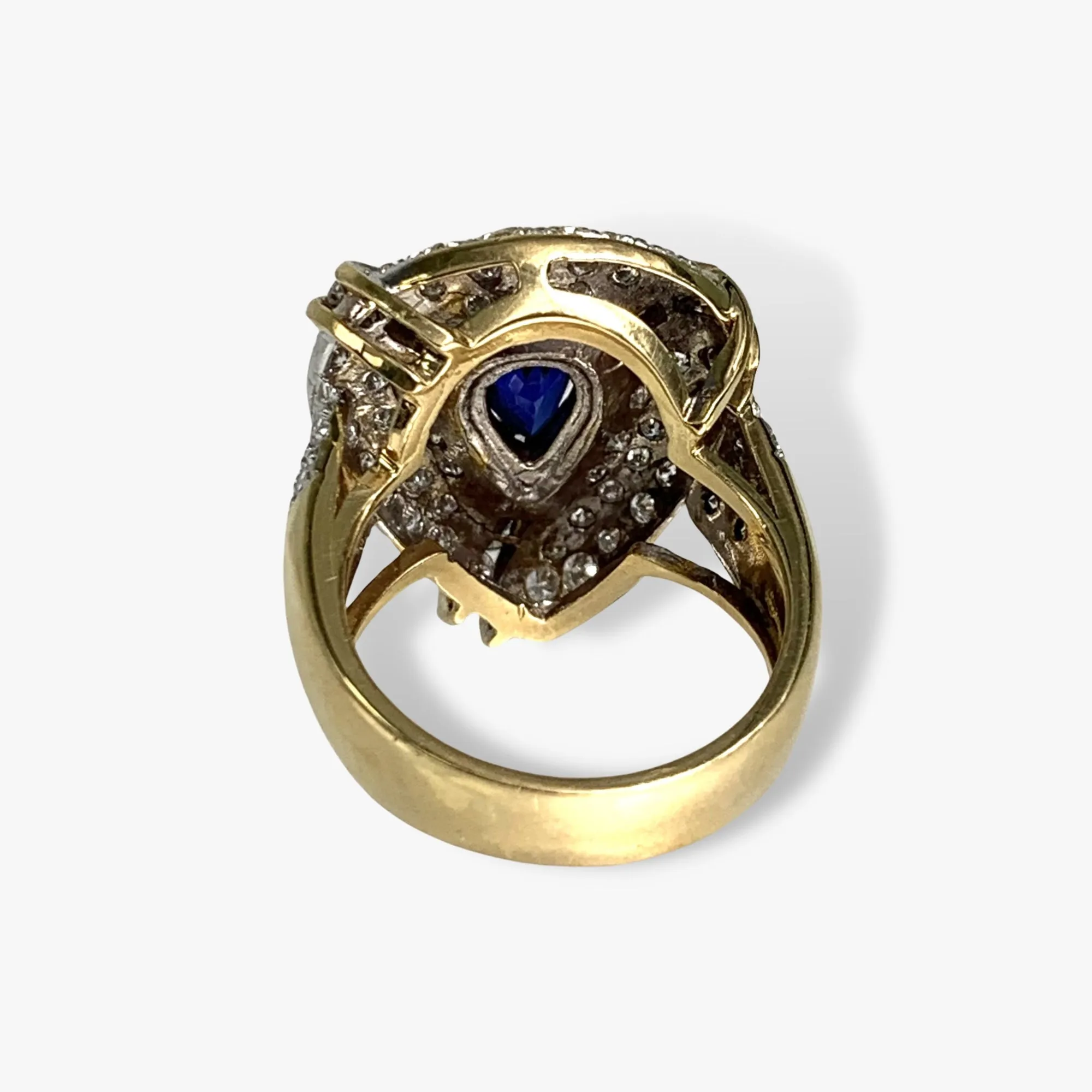 18k Yellow Gold Pear-Shaped Blue Sapphire and Diamond Vintage Ring