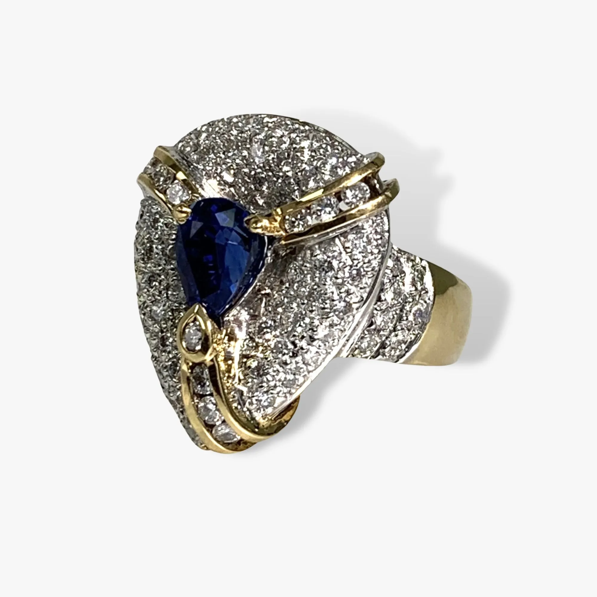 18k Yellow Gold Pear-Shaped Blue Sapphire and Diamond Vintage Ring