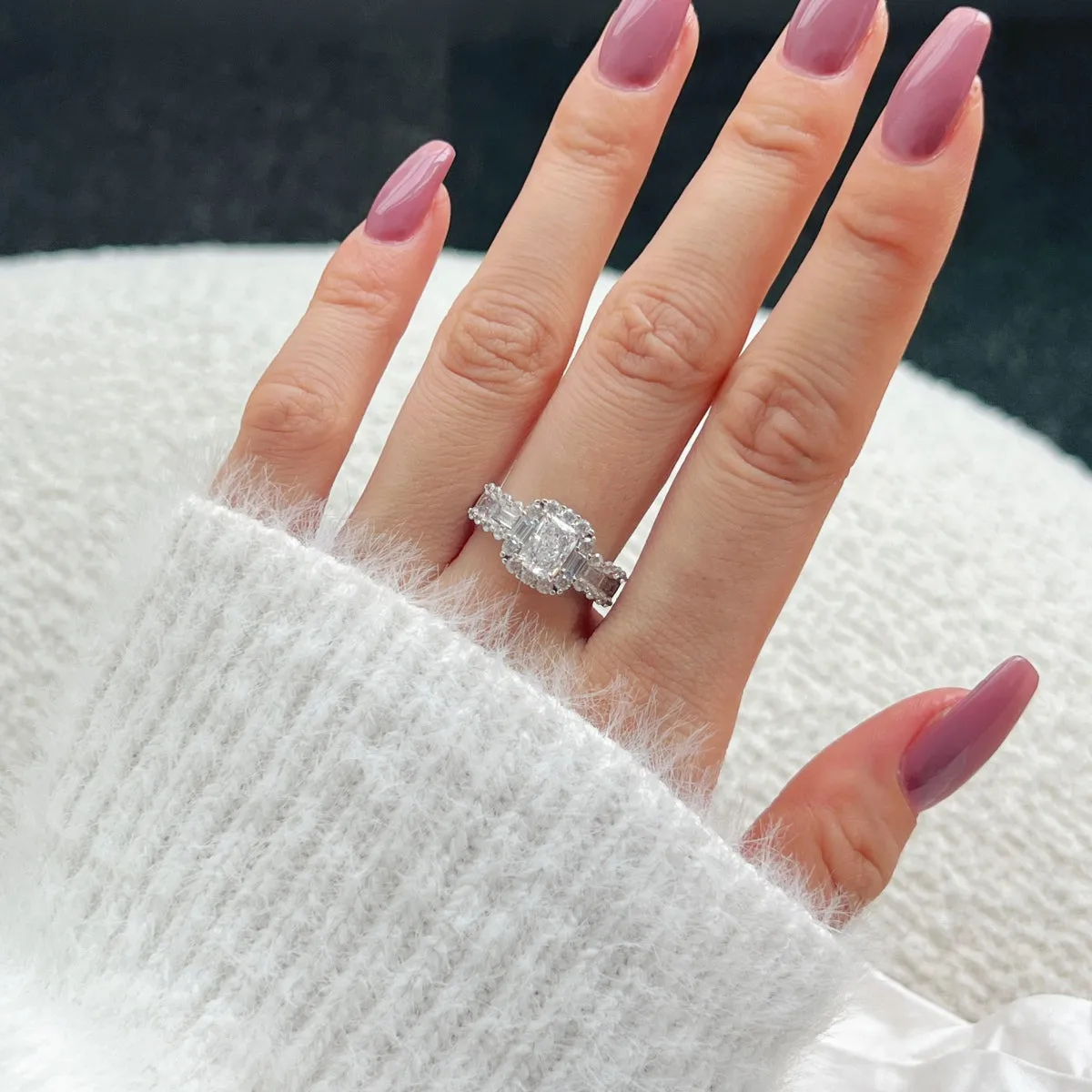 2 Carat TW Radiant Cut Baguette & Round Halo Engagement Ring
