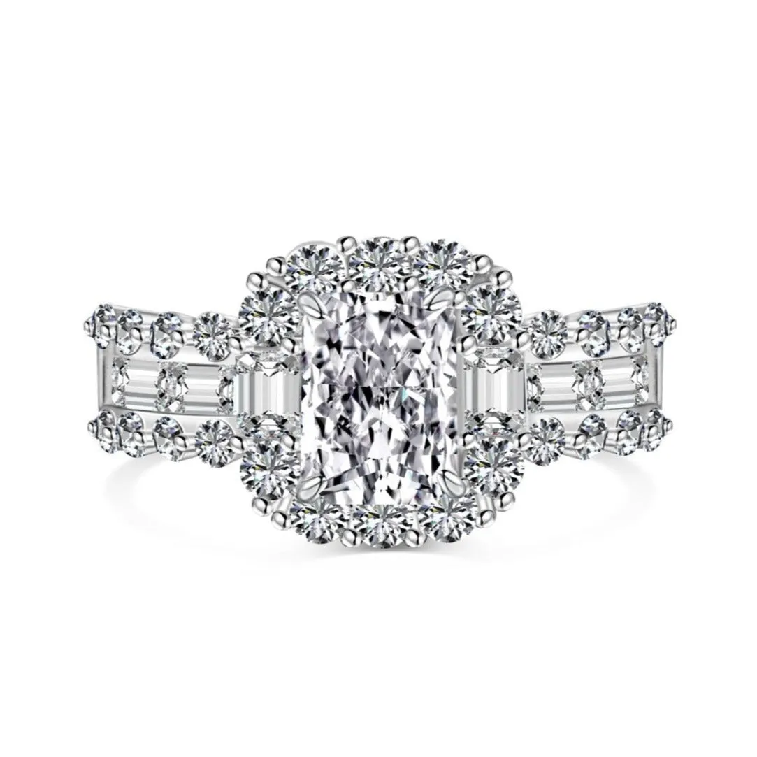 2 Carat TW Radiant Cut Baguette & Round Halo Engagement Ring
