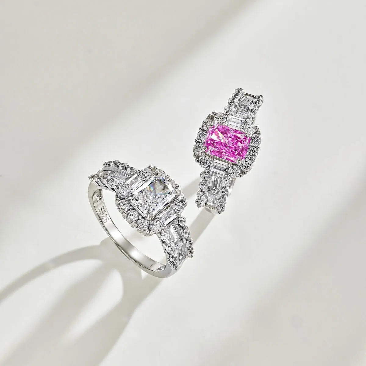 2 Carat TW Radiant Cut Baguette & Round Halo Engagement Ring