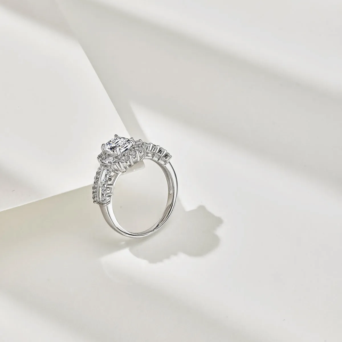 2 Carat TW Radiant Cut Baguette & Round Halo Engagement Ring