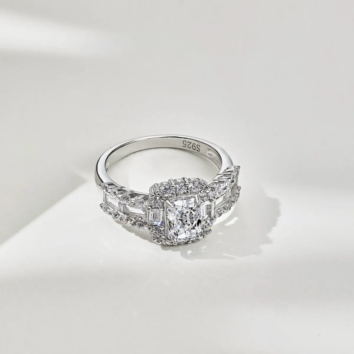2 Carat TW Radiant Cut Baguette & Round Halo Engagement Ring