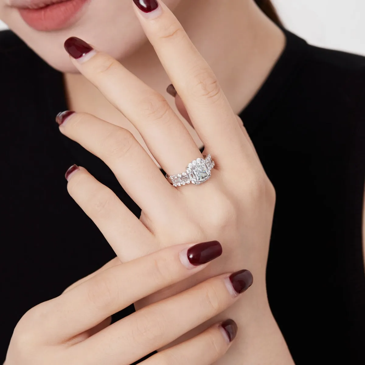 2 Carat TW Radiant Cut Baguette & Round Halo Engagement Ring