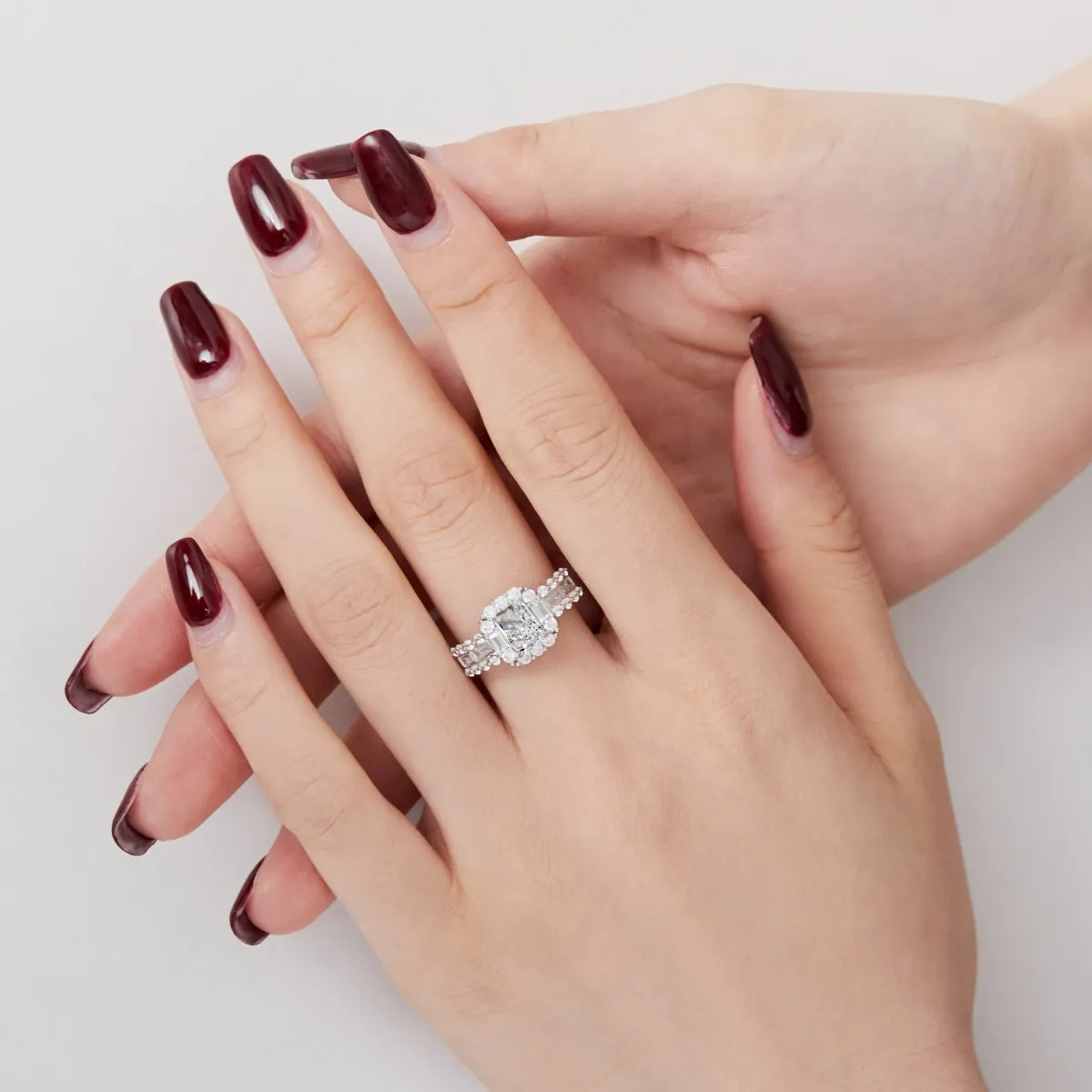 2 Carat TW Radiant Cut Baguette & Round Halo Engagement Ring