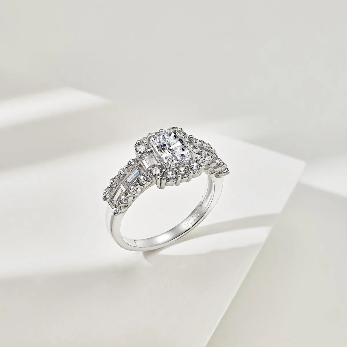 2 Carat TW Radiant Cut Baguette & Round Halo Engagement Ring