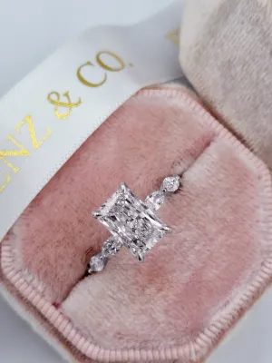 2.66 Carats Lab Grown Radiant Cut with Marquise Side Stones Hidden Halo Diamond Engagement Ring