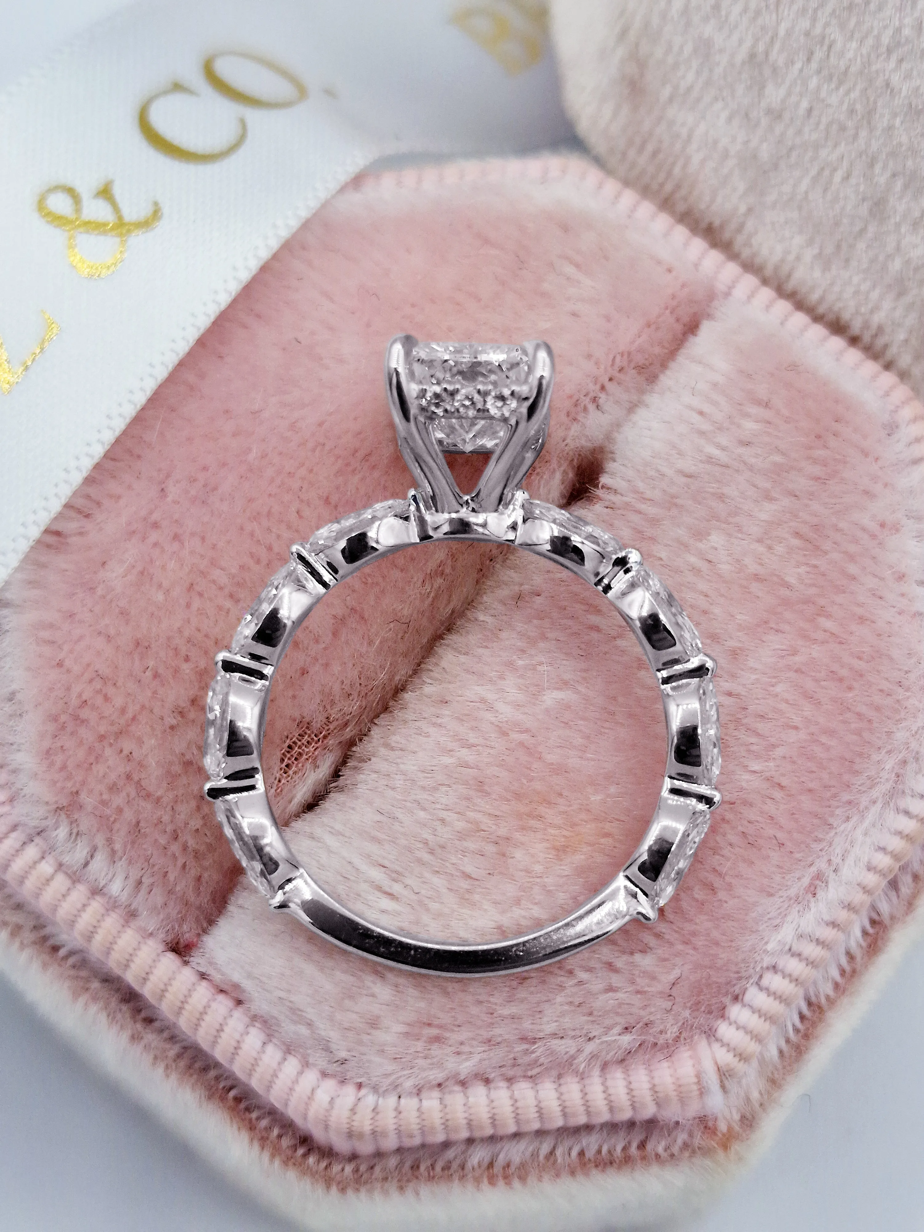 2.66 Carats Lab Grown Radiant Cut with Marquise Side Stones Hidden Halo Diamond Engagement Ring