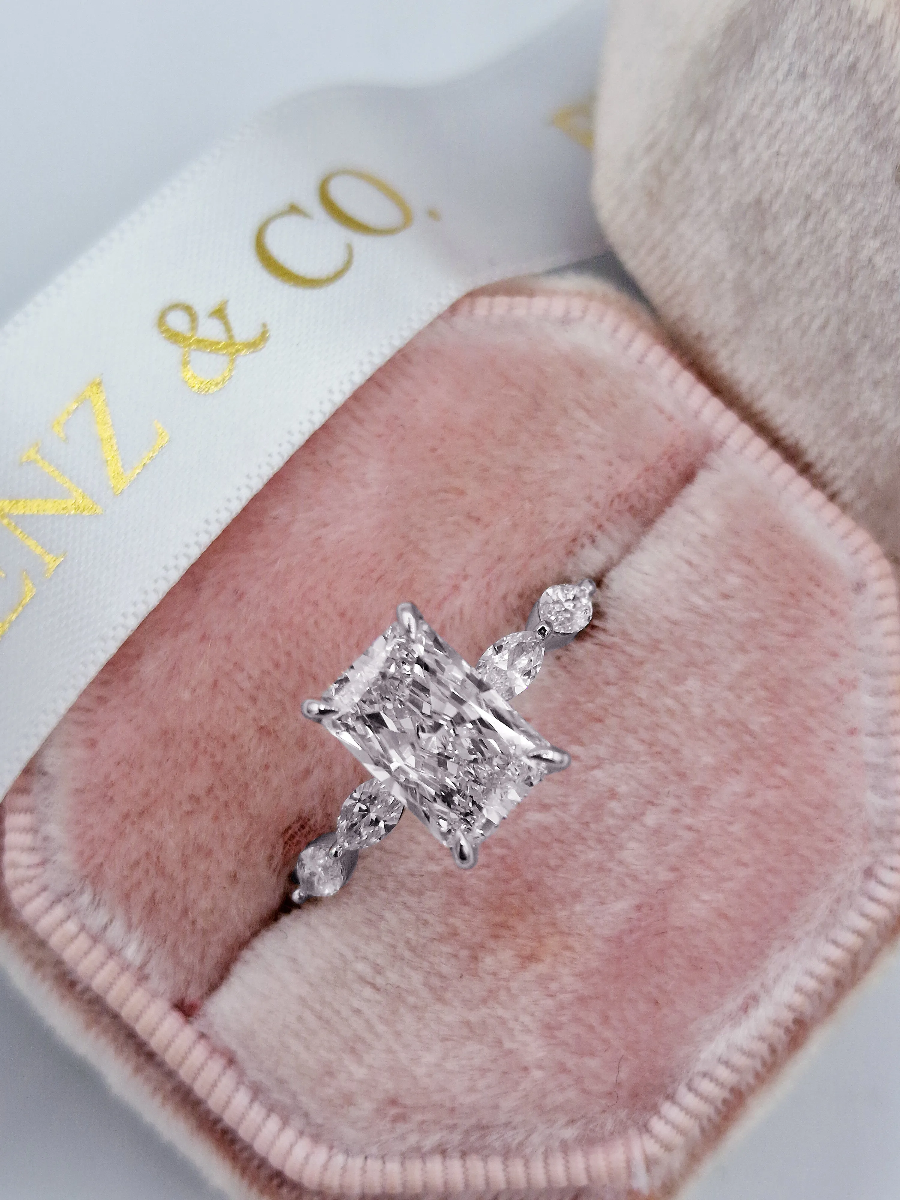 2.66 Carats Lab Grown Radiant Cut with Marquise Side Stones Hidden Halo Diamond Engagement Ring