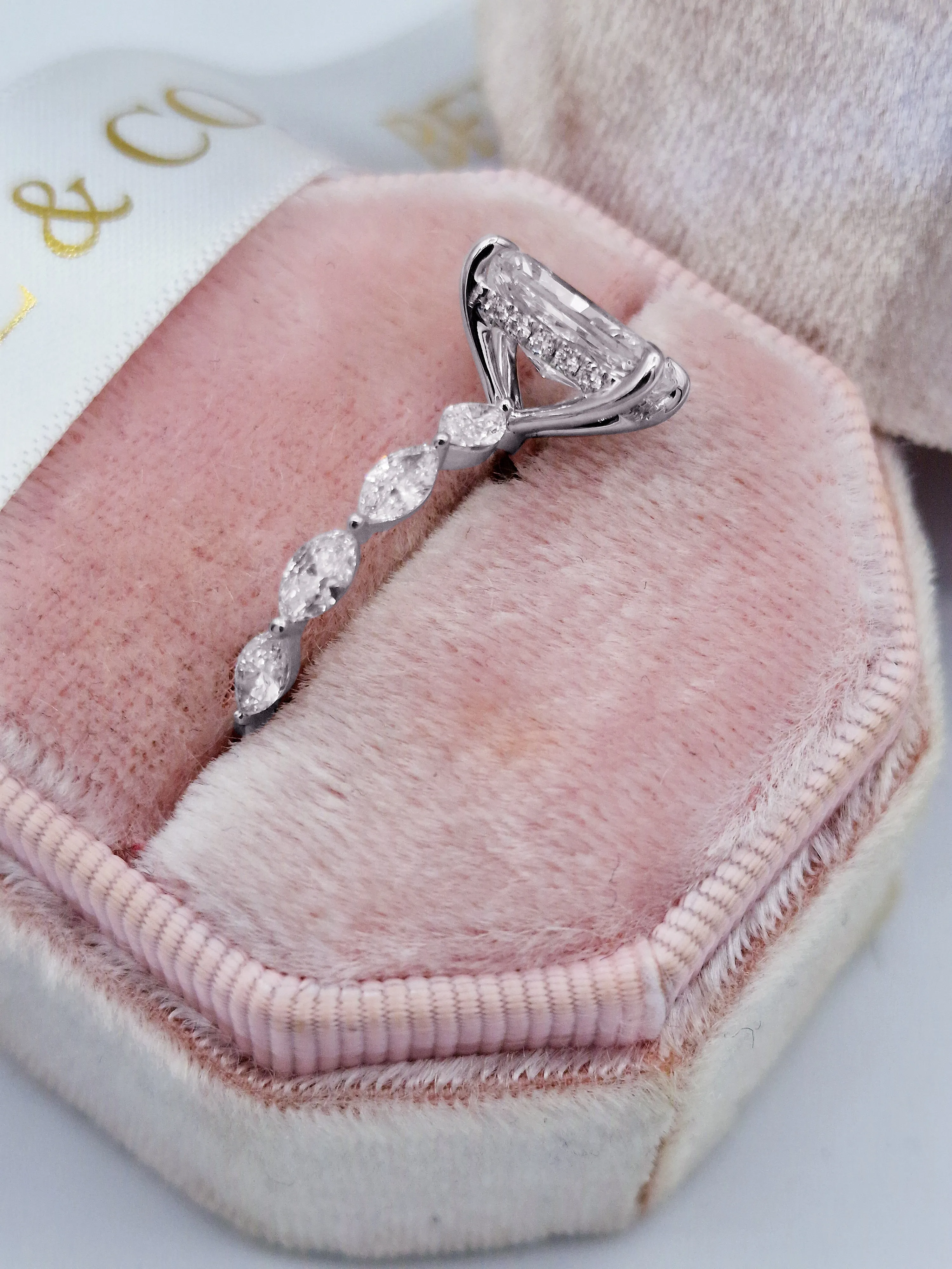 2.66 Carats Lab Grown Radiant Cut with Marquise Side Stones Hidden Halo Diamond Engagement Ring