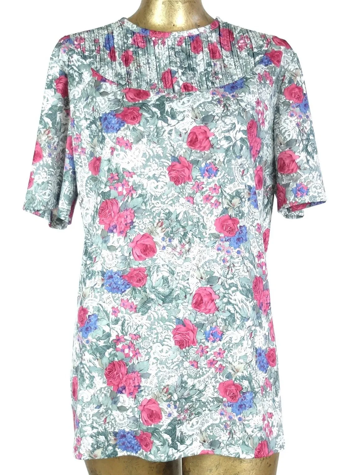 80s Floral Roses Pleated Half Sleeve Scoop Neck Blouse