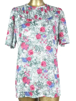 80s Floral Roses Pleated Half Sleeve Scoop Neck Blouse