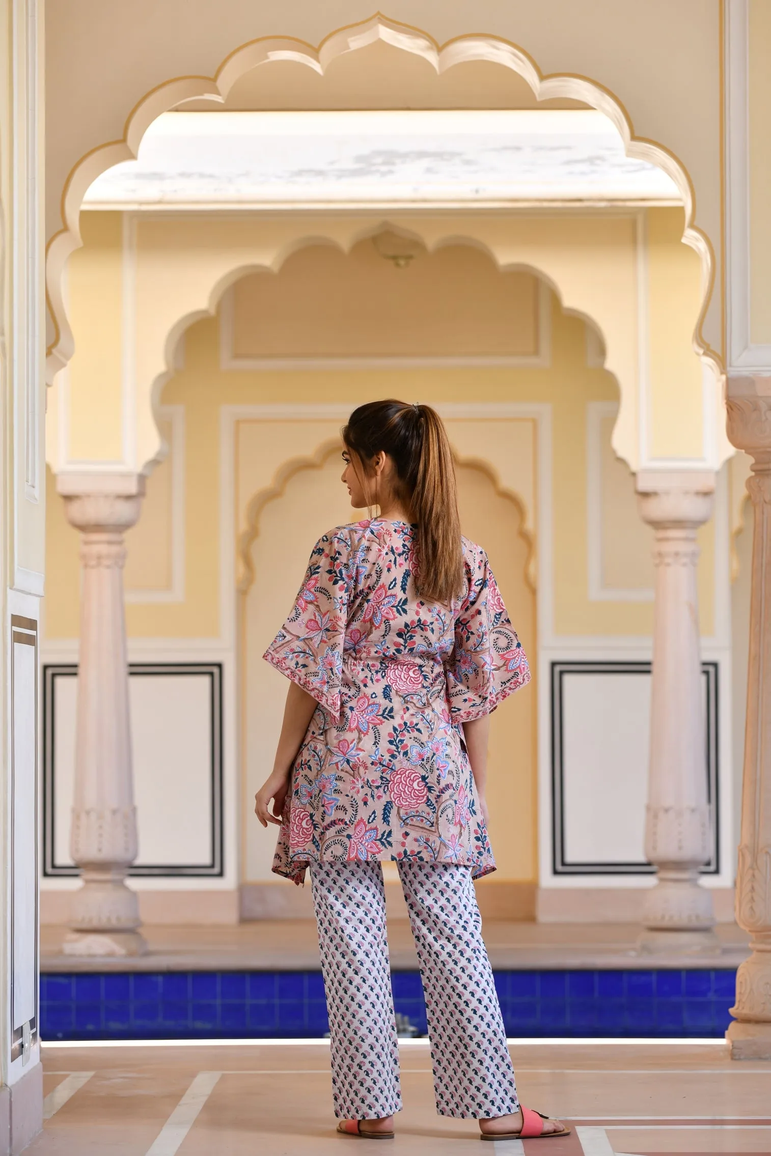 A Distinctively Fragile beige Handblock Printed Cotton Kaftan Tunic With Pants (Set of 2)