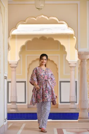 A Distinctively Fragile beige Handblock Printed Cotton Kaftan Tunic With Pants (Set of 2)