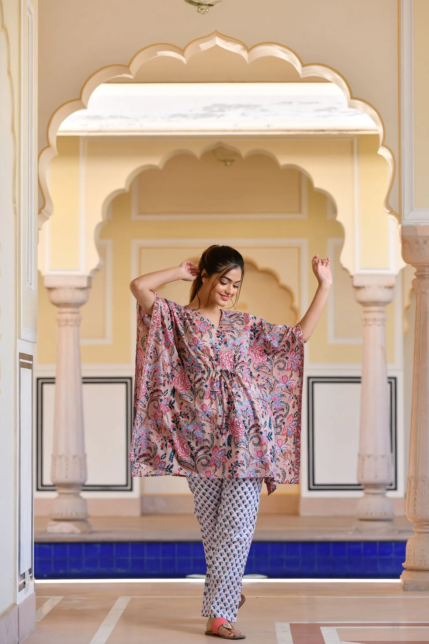 A Distinctively Fragile beige Handblock Printed Cotton Kaftan Tunic With Pants (Set of 2)