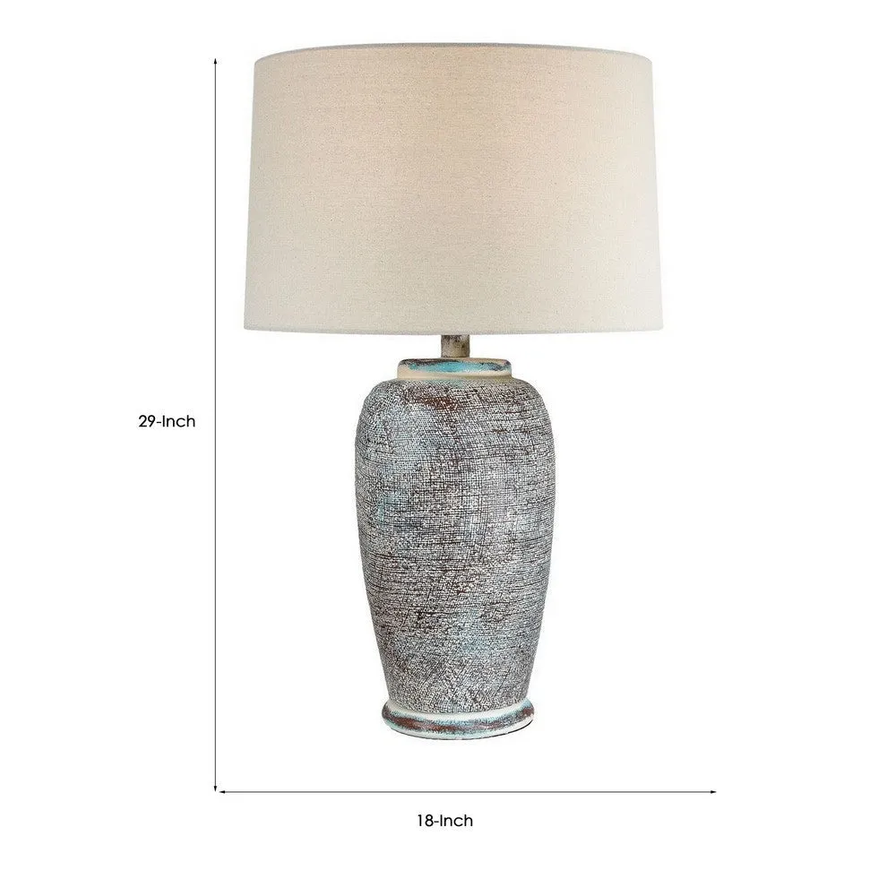Alin 29 Inch Hydrocal Table Lamp, Drum Shade, Urn Shaped Base, Misty Sky By Casagear Home
