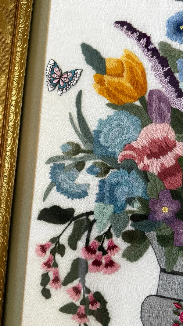 Antique/Vintage Crewel Artwork in Ornate Gold Frame, Vase of Flowers with Butterflies