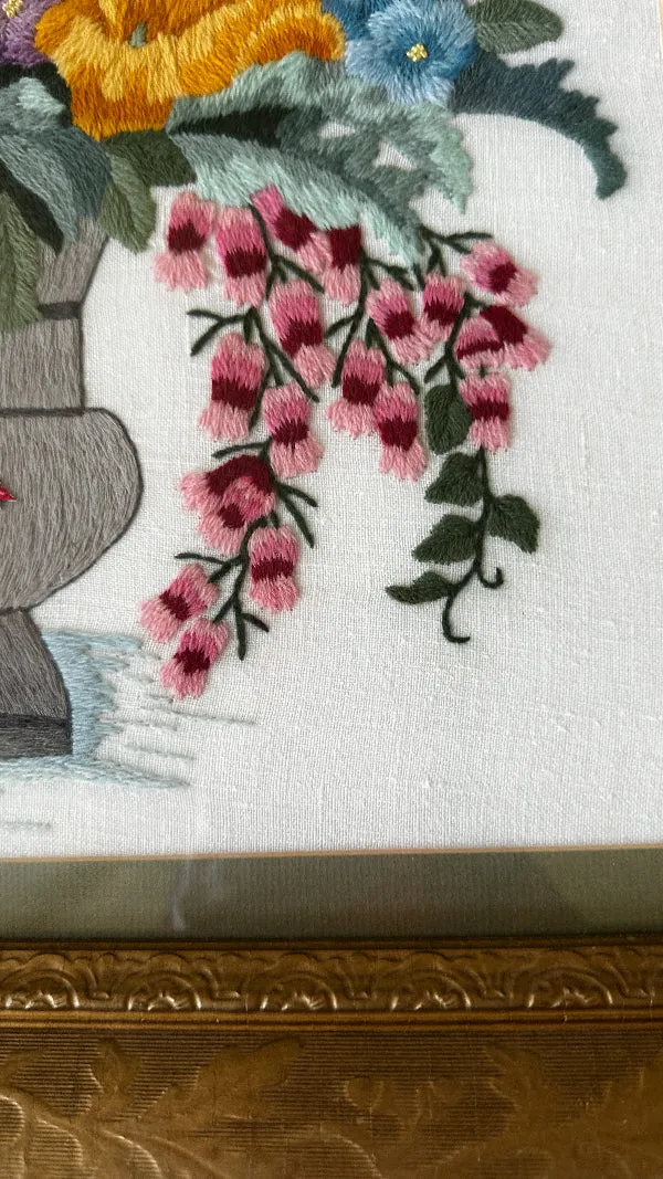 Antique/Vintage Crewel Artwork in Ornate Gold Frame, Vase of Flowers with Butterflies