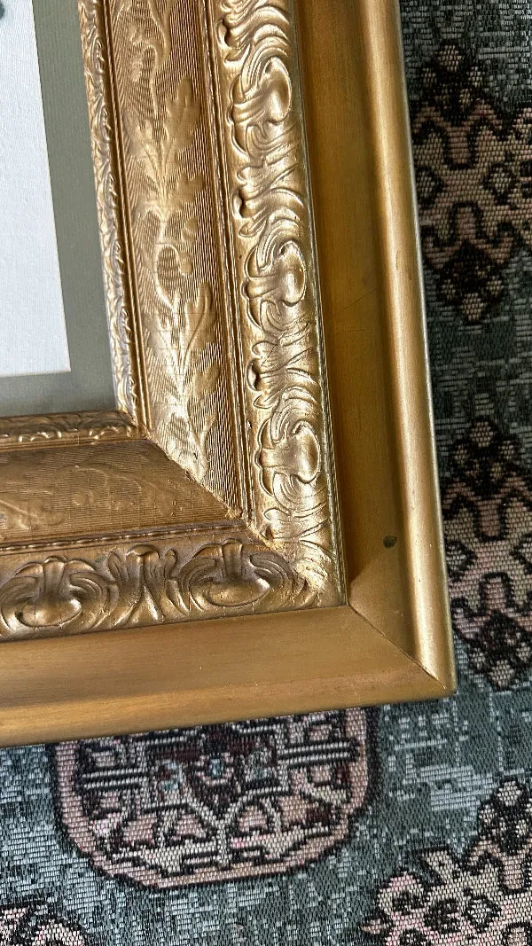 Antique/Vintage Crewel Artwork in Ornate Gold Frame, Vase of Flowers with Butterflies