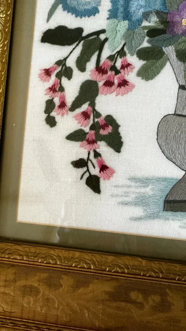 Antique/Vintage Crewel Artwork in Ornate Gold Frame, Vase of Flowers with Butterflies