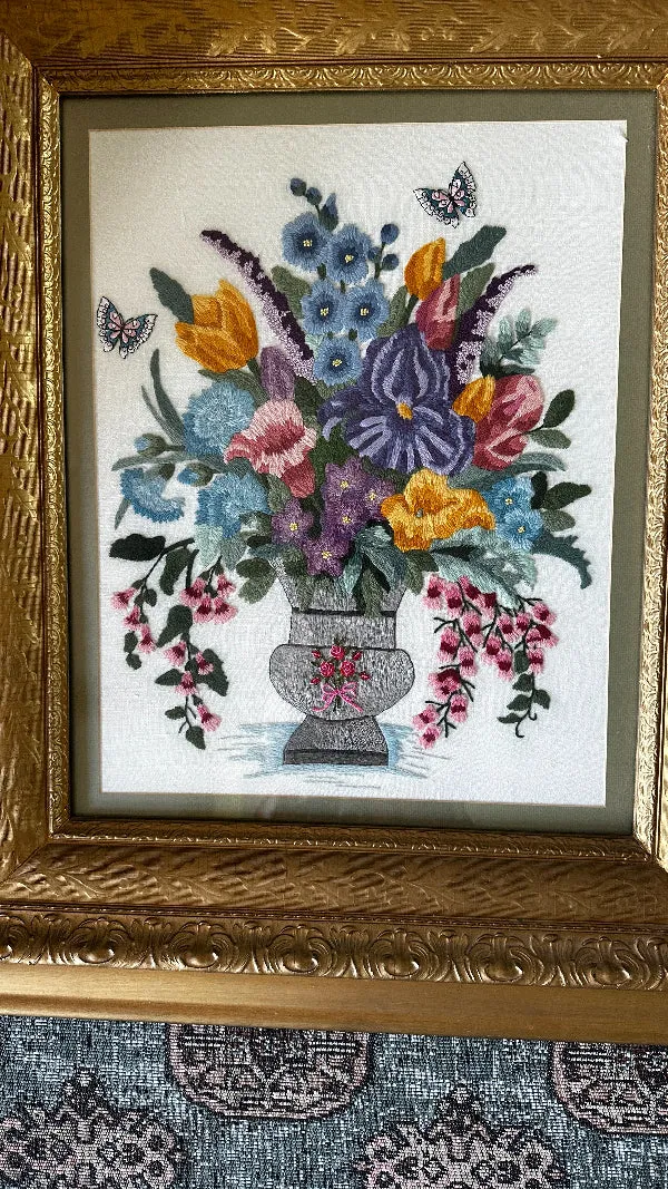 Antique/Vintage Crewel Artwork in Ornate Gold Frame, Vase of Flowers with Butterflies