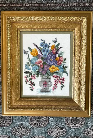 Antique/Vintage Crewel Artwork in Ornate Gold Frame, Vase of Flowers with Butterflies