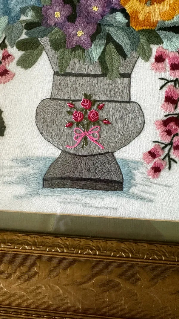 Antique/Vintage Crewel Artwork in Ornate Gold Frame, Vase of Flowers with Butterflies