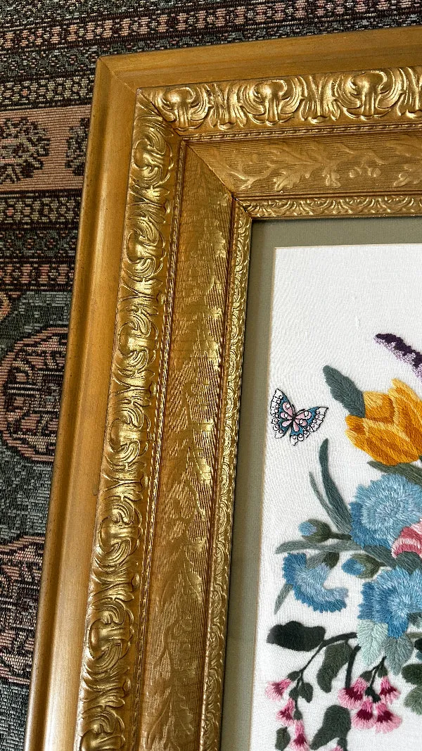 Antique/Vintage Crewel Artwork in Ornate Gold Frame, Vase of Flowers with Butterflies