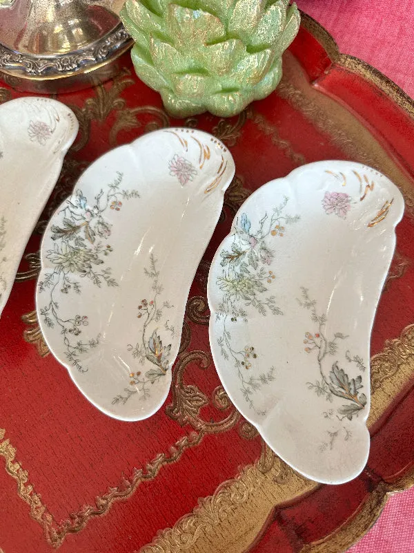 Antique/Vintage Fish Bone Dishes, John Edwards Harvest Floral Pattern, Porcelain, Set of 4