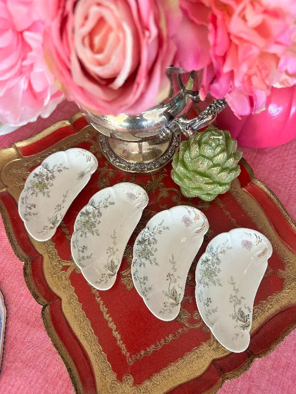 Antique/Vintage Fish Bone Dishes, John Edwards Harvest Floral Pattern, Porcelain, Set of 4