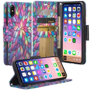 Apple iPhone XR Case, Apple A1984 Case, Wrist Strap Faux Leather Flip [Kickstand] Protective Wallet Case Cover - Rainbow Flower