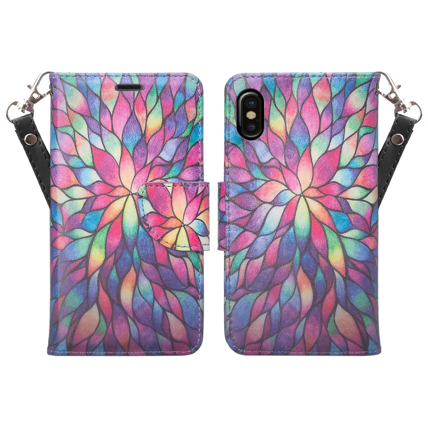 Apple iPhone XR Case, Apple A1984 Case, Wrist Strap Faux Leather Flip [Kickstand] Protective Wallet Case Cover - Rainbow Flower