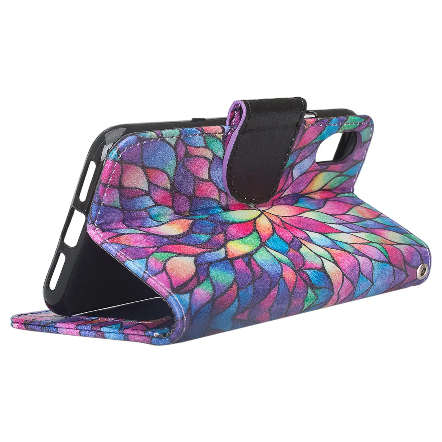 Apple iPhone XR Case, Apple A1984 Case, Wrist Strap Faux Leather Flip [Kickstand] Protective Wallet Case Cover - Rainbow Flower