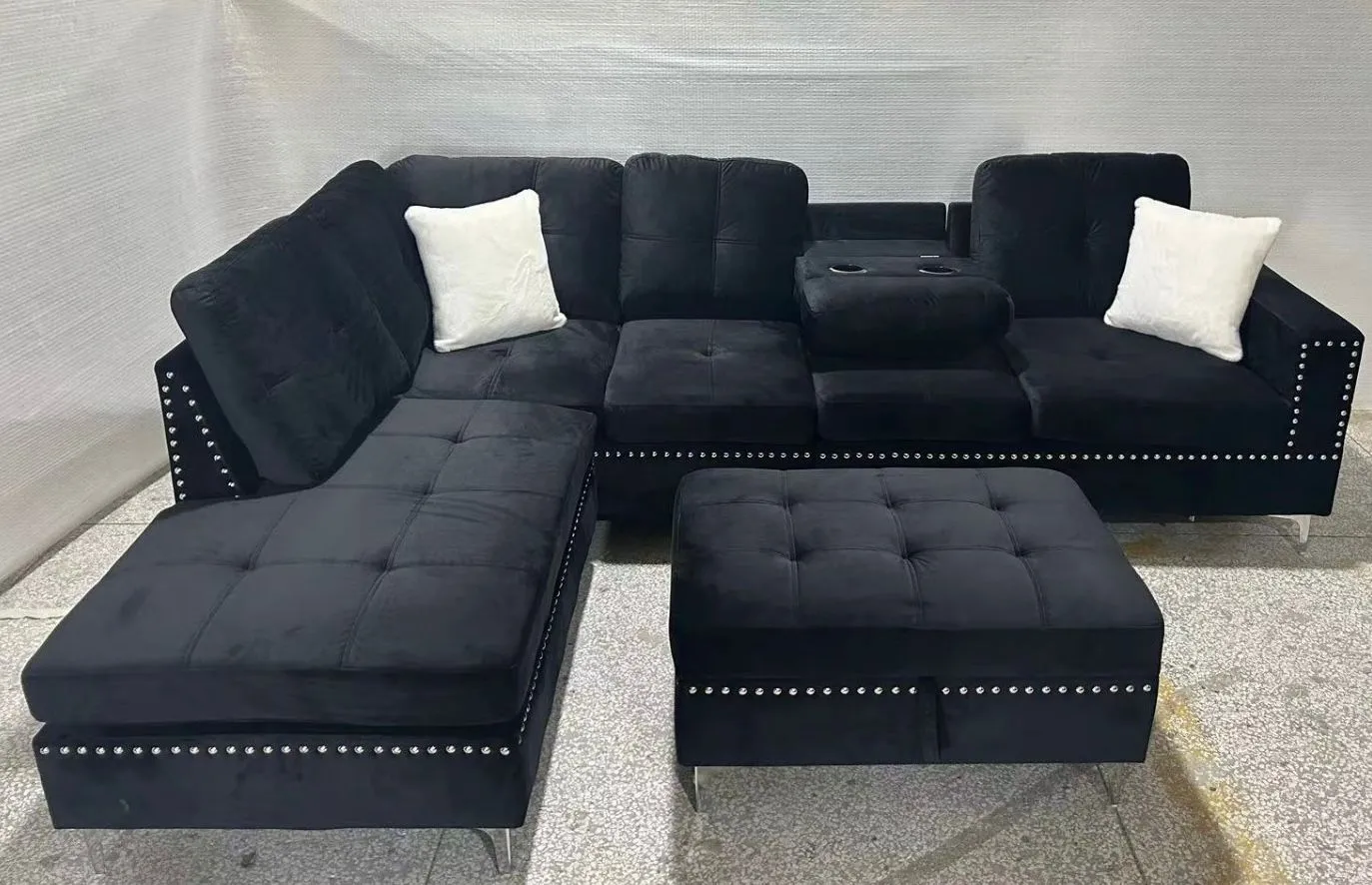 Black Velvet Sectional With Drop Down Cup Holder & Throw Pillows- Model #2402