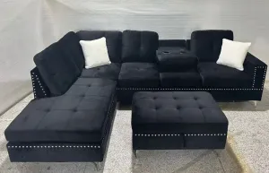 Black Velvet Sectional With Drop Down Cup Holder & Throw Pillows- Model #2402