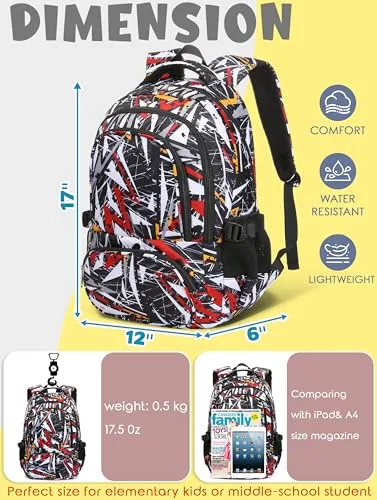 BLUEFAIRY Kids Backpack for Boys Elementary Primary Middle School Book Bags Bookbags Back to School Bags Large Compartment Mochila Escolar para Niños de 8-10 Triangle Black 17”