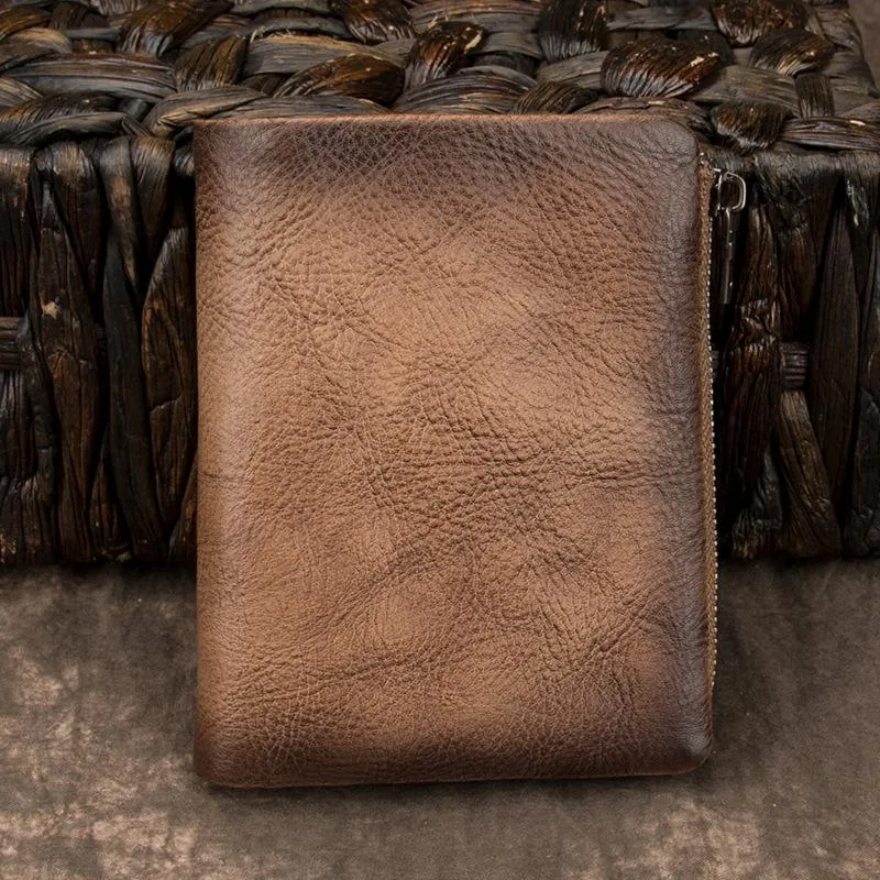 Brown Vintage Bifold Wallet Leather Mens Gray billfold Small Wallet Zipper Card Wallet For Men