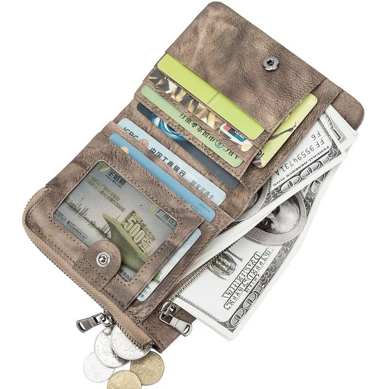 Brown Vintage Bifold Wallet Leather Mens Gray billfold Small Wallet Zipper Card Wallet For Men
