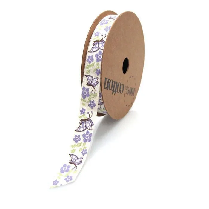 Butterflies Flowers Cotton Ribbon, 5/8-inch, 10-yard