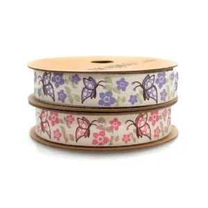 Butterflies Flowers Cotton Ribbon, 5/8-inch, 10-yard